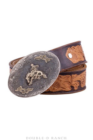 Belt, A Vintage, Buckle, Western, Bucking Bronc, Etched Sterling Silver with 14K Gold Overlay, Marked, Vintage, 183
