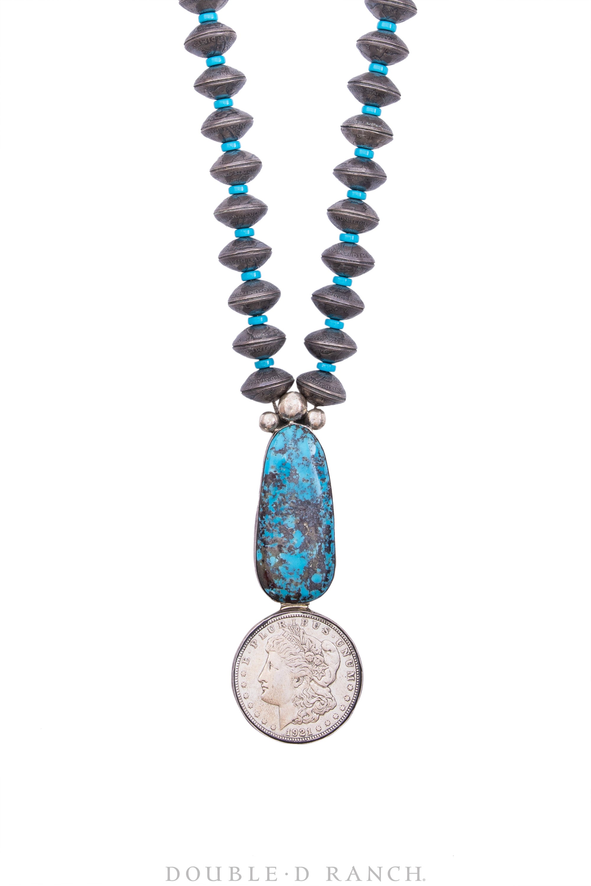 Necklace, Bead, Coin, Morgan Silver Dollar & Mercury Dime, Bisbee Turquoise, Hallmark, Vintage, 1390
