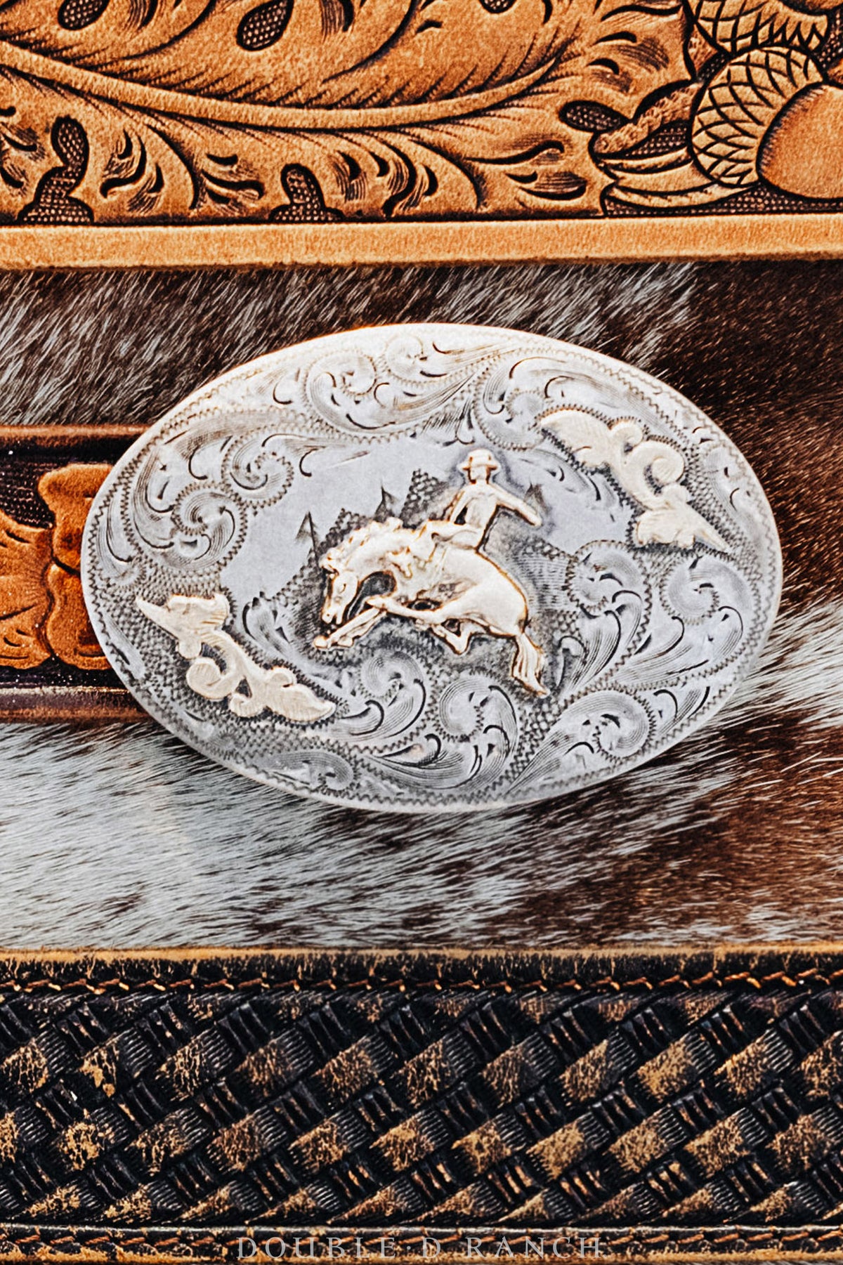 Belt, A Vintage, Buckle, Western, Bucking Bronc, Etched Sterling Silver with 14K Gold Overlay, Marked, Vintage, 183