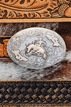 Belt, A Vintage, Buckle, Western, Bucking Bronc, Etched Sterling Silver with 14K Gold Overlay, Marked, Vintage, 183