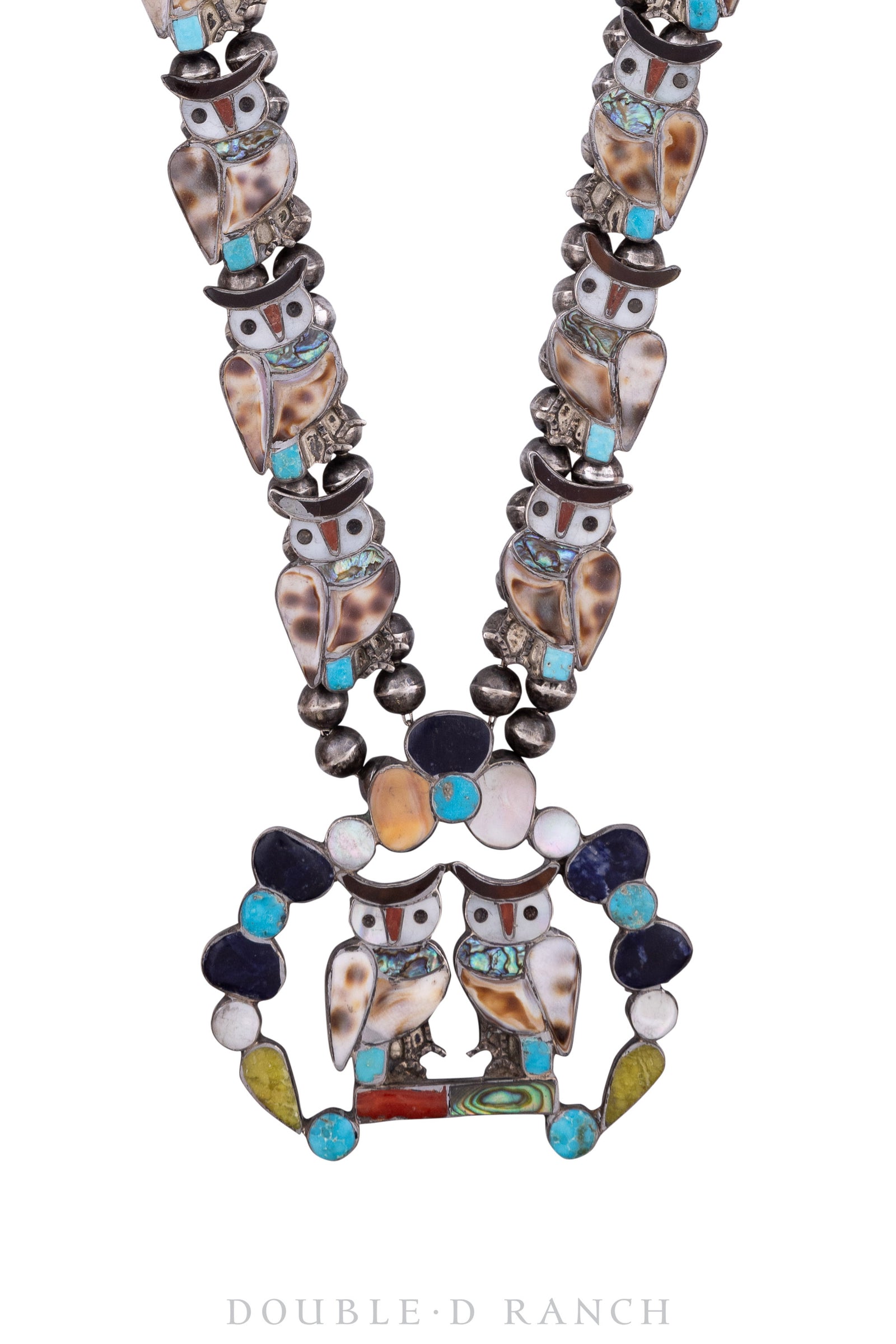 【LUCKY】 Necklace, Squash Blossom Style, Inlay, Multi-Stone, Owls