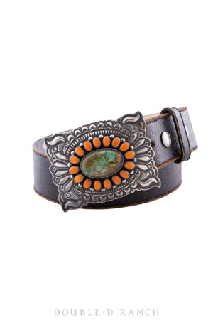 Belt, A Vintage, Buckle, Turquoise, King's Manassa with Orange Spiny Oyster, Repousse, Hallmark, Vintage 21st Century, 322