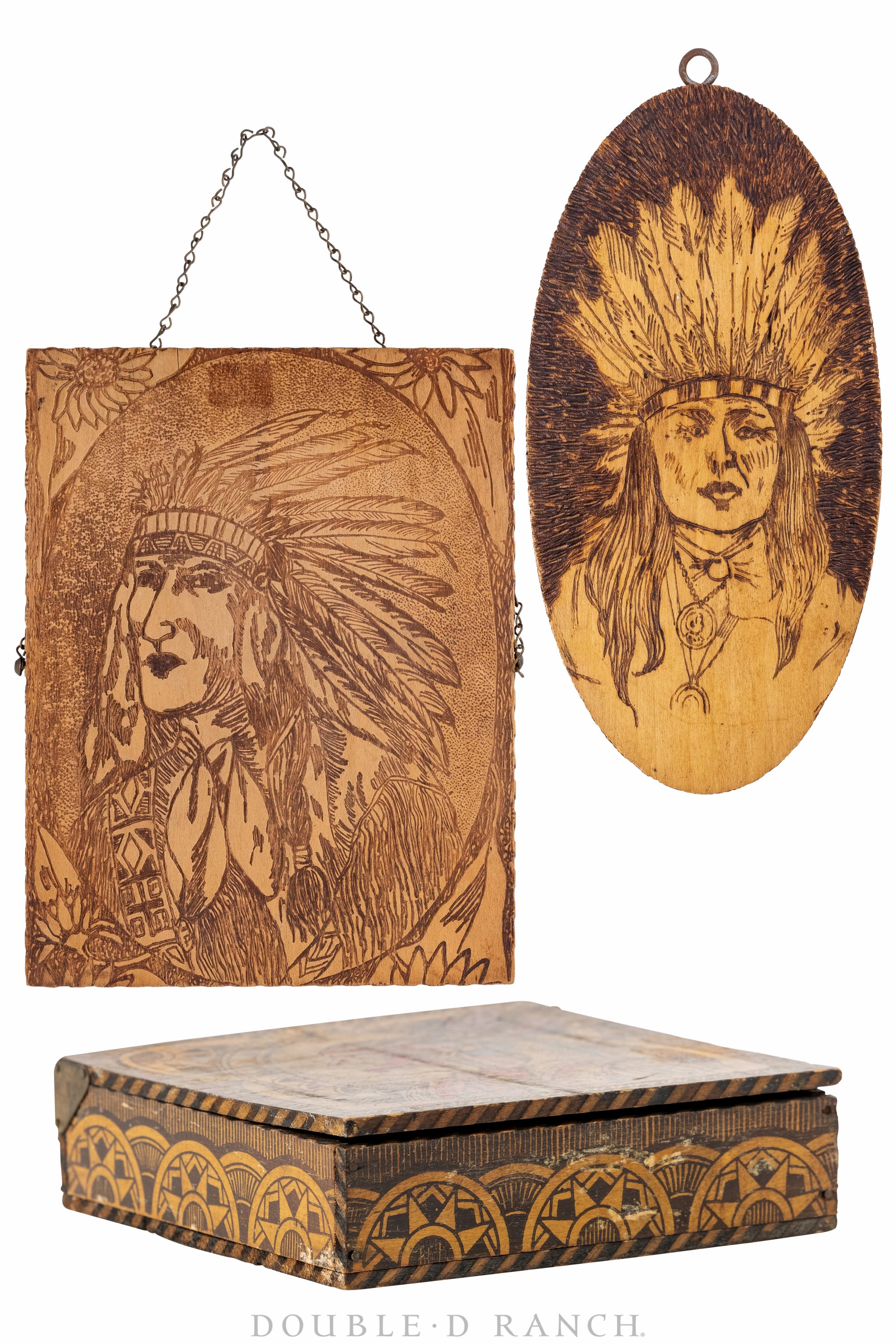 Art, Pyrography, Native American Profiles, Box & 2 Plaques, Vintage early 1900s, 1050