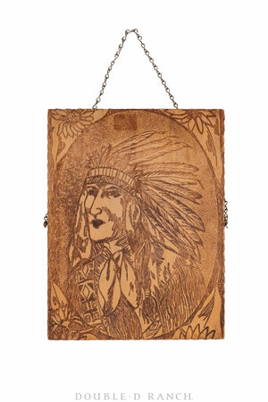 Art, Pyrography, Native American Profiles, Box & 2 Plaques, Vintage early 1900s, 1050