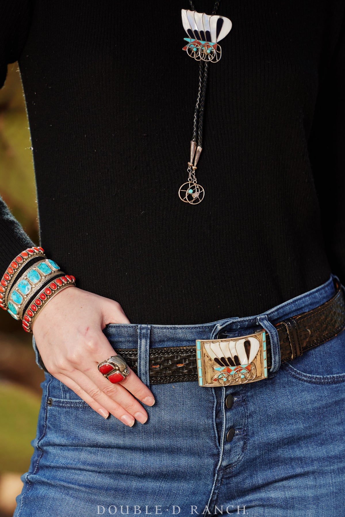 Belt & Bolo Set, Inlay, Conestoga Wagon, Lincoln Zunie, Hallmark, Vintage ‘50s, 1739