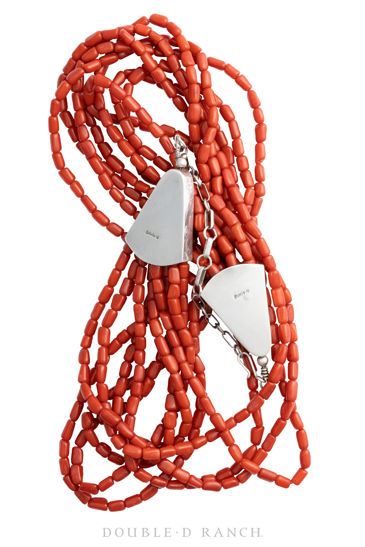 Necklace, Natural Stone, Coral, 8 Strand with Sterling Tab Cone Closures, Vintage, 90's, 1667