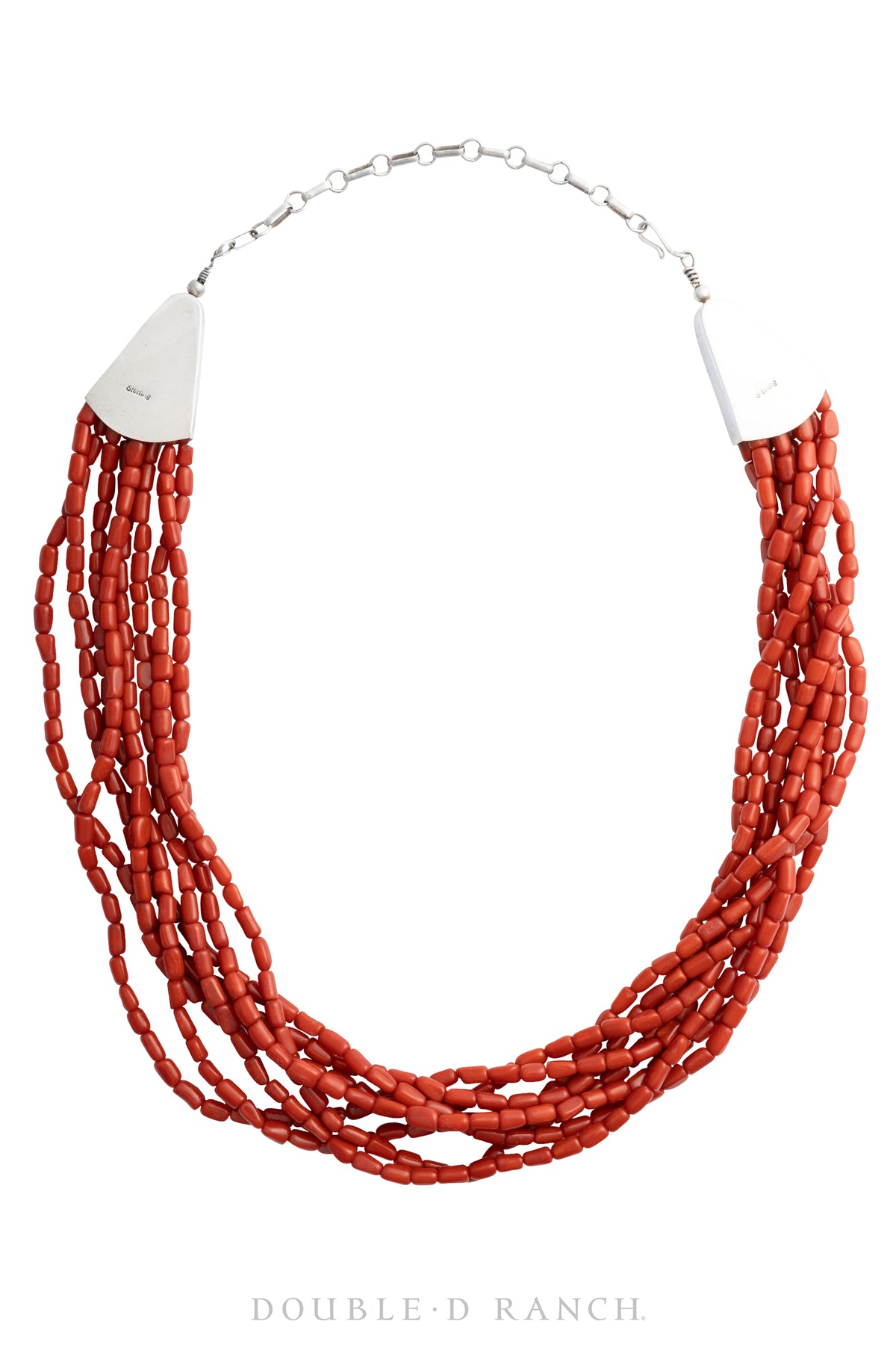 Necklace, Natural Stone, Coral, 8 Strand with Sterling Tab Cone Closures, Vintage, 90's, 1667