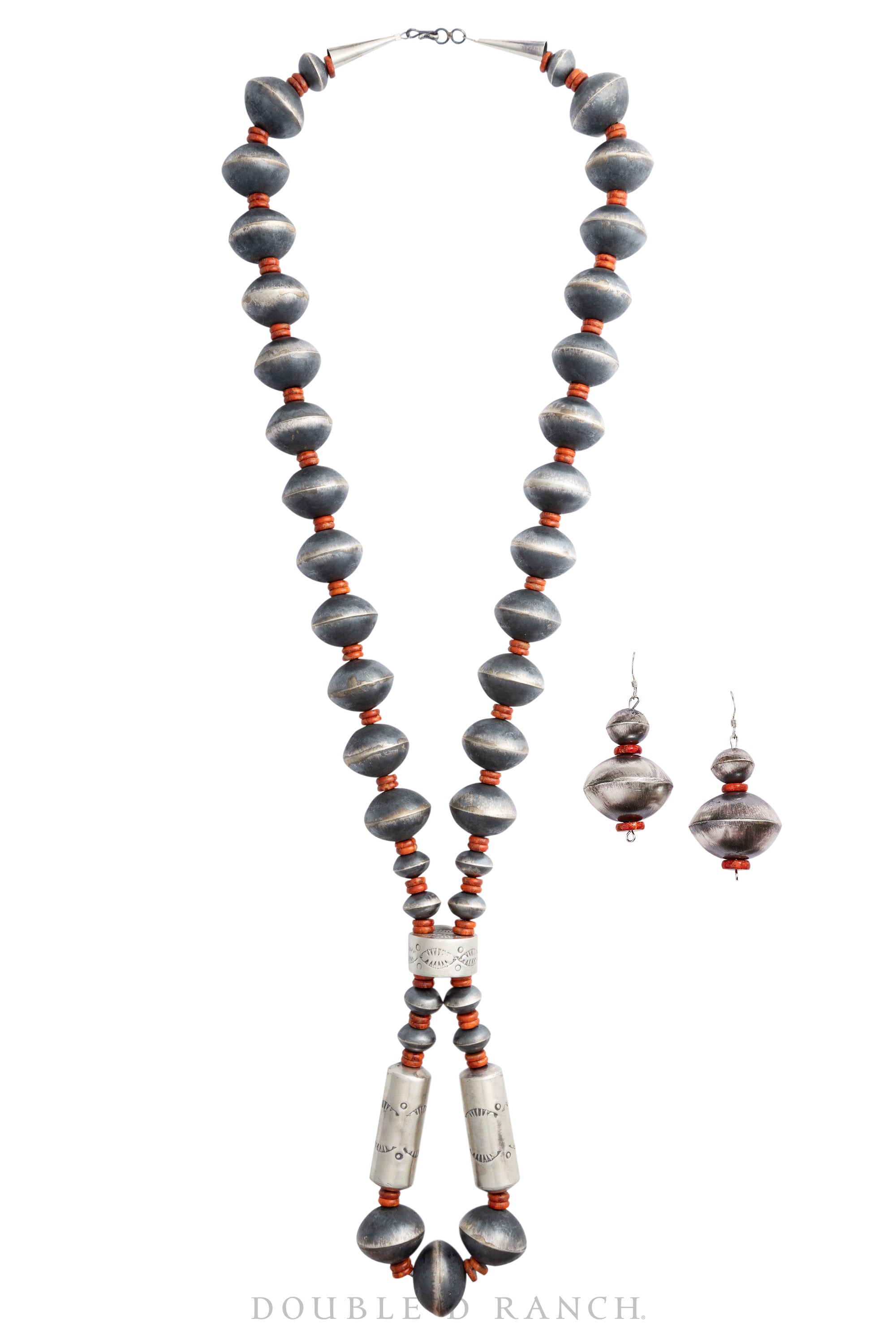 Necklace, Desert Pearls, Orange Spiny Oyster & Sterling Silver, Tube Beads, Includes Matching Earrings, Contemporary, 1714