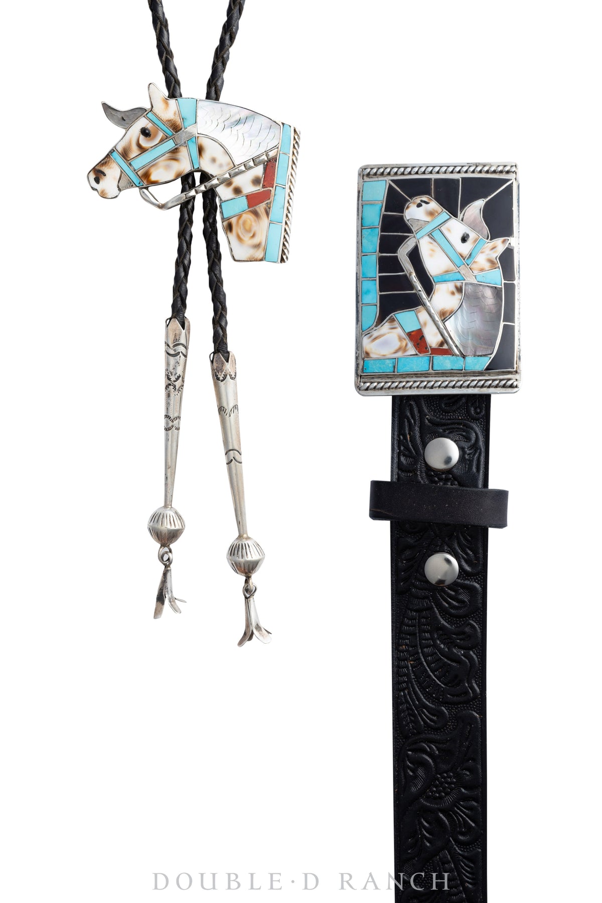 Belt & Bolo Set, Inlay, Multi Stone, Horse Profile, Appalossa, Lincoln & Helen Zunie Hallmark, Vintage, 1771