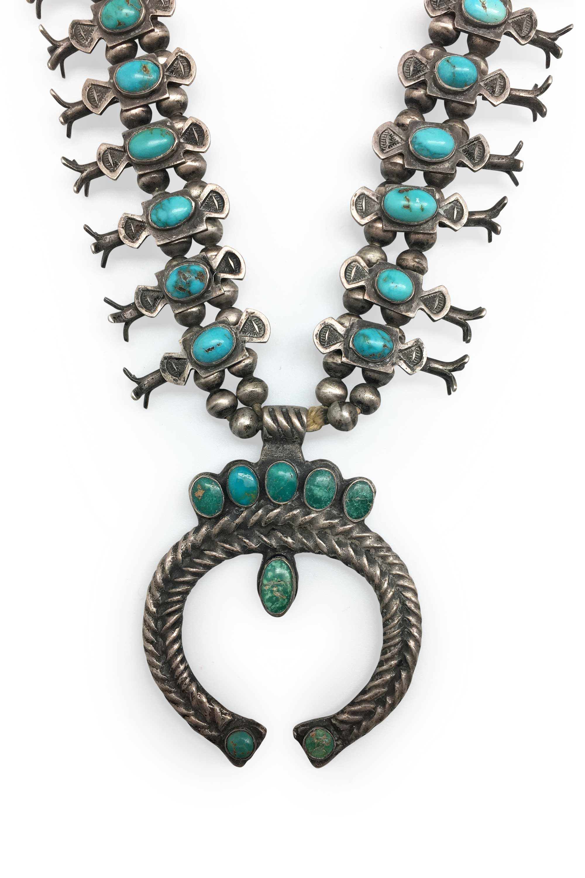 Traditional Navajo Squash Blossom Necklace with Genuine Hachita Turquoise