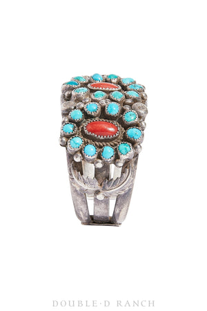 Cuff, Cluster, Turquoise & Coral, Vintage, Old Pawn, 3188