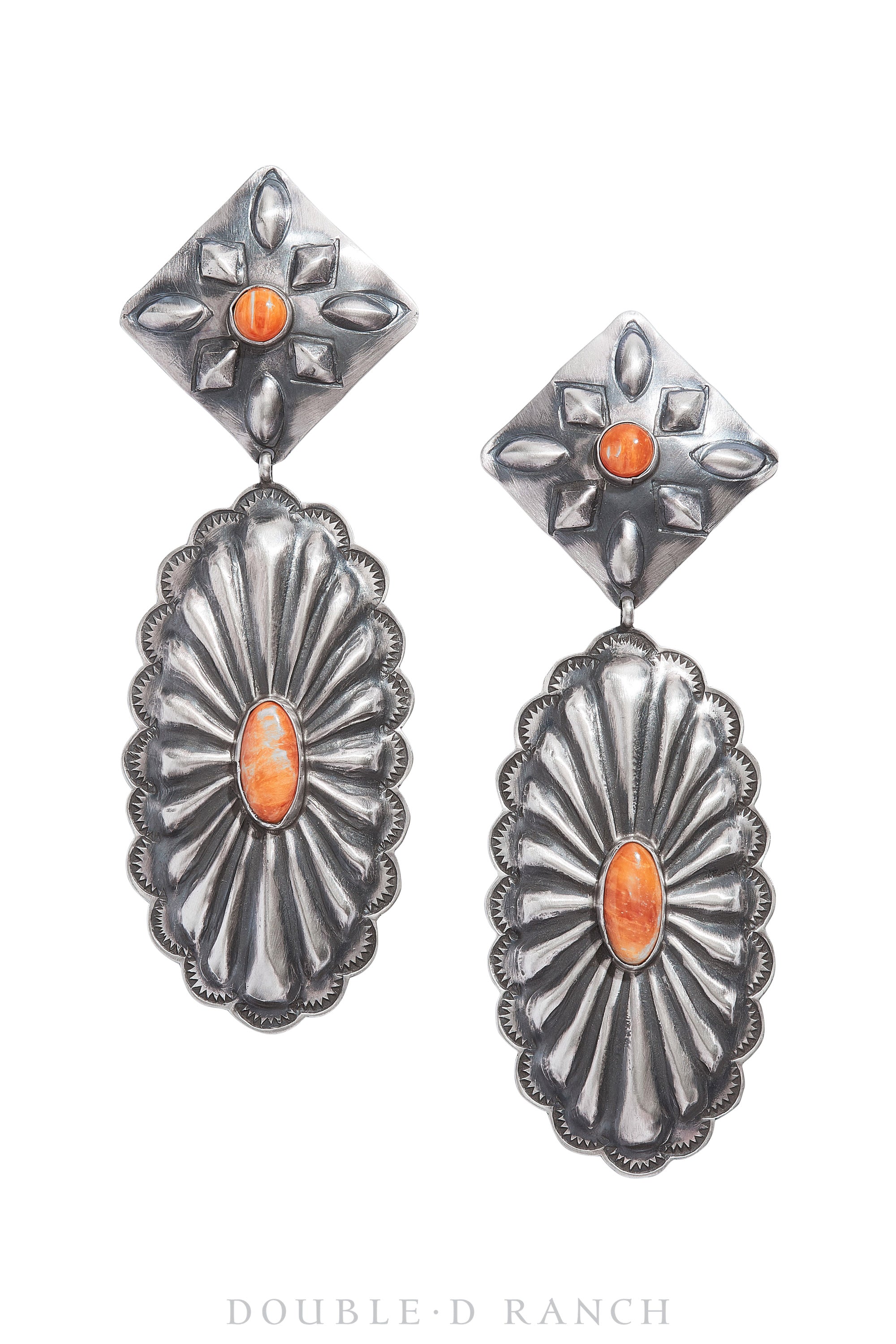 Earrings, Concho, Orange Spiny Oyster & Sterling Silver, Artisan, Hallmark, Contemporary, 1068