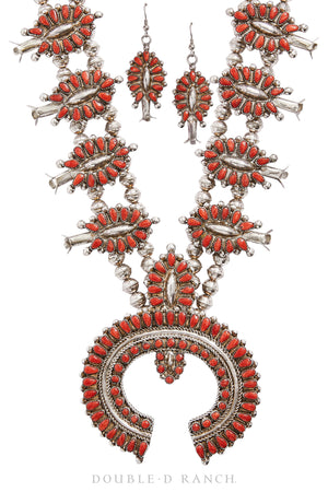 Necklace, Squash Blossom, Coral, Cluster, Includes Matching Earrings, Hallmark, Vintage, Old Pawn, 1735