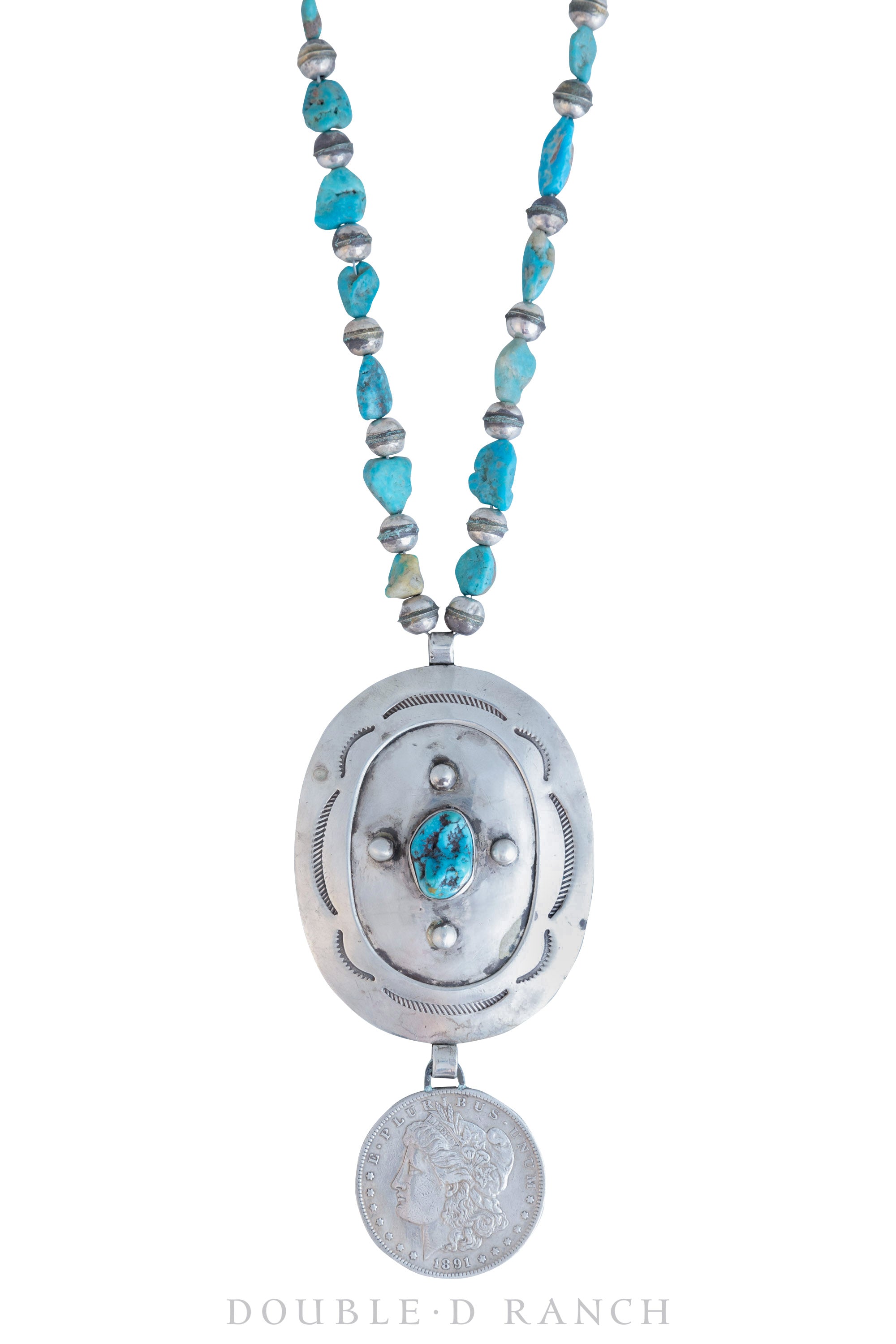 Necklace, Concho & 1891 Morgan Silver Dollar, Turquoise & Desert Pearl Beads, Hallmark, Vintage, 1660