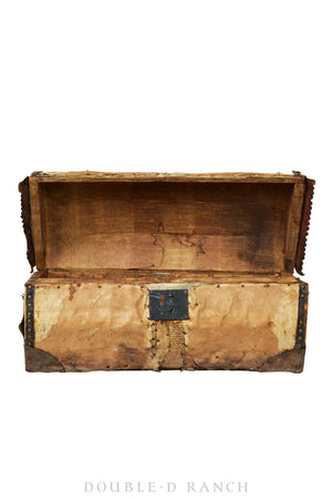 Home, Furniture, Trunk,  Valise, Document Travel, Hide Covered, Studded, Vintage 19th Century