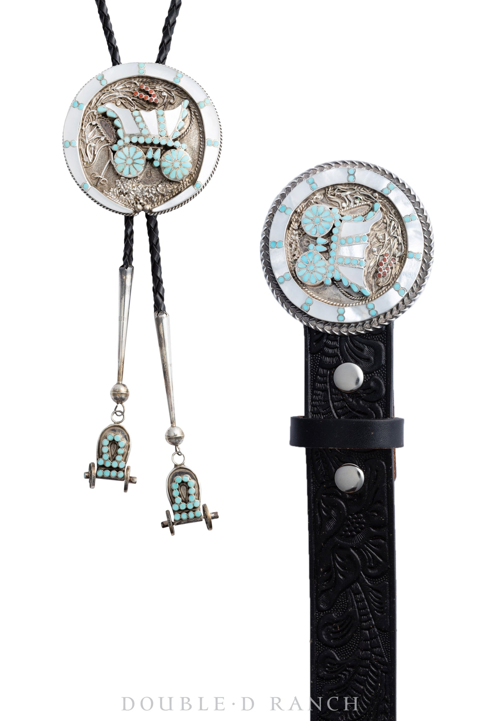 Belt & Bolo Set, Inlay, Multi Stone, Conestoga wagon, Dishta, Vintage, 1900